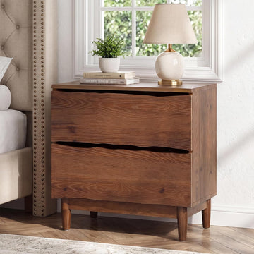 Solid Wood Nightstand with 2 Drawers, 24" Wide End Table | Tall Wooden Mid-Century Modern Night Stand, Farmhouse