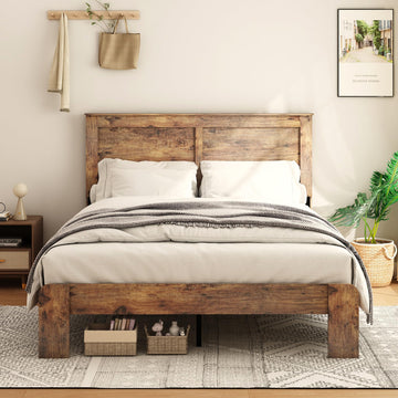 Wood Queen Size Bed Frame with Headboard and Footboard, Dark Brown