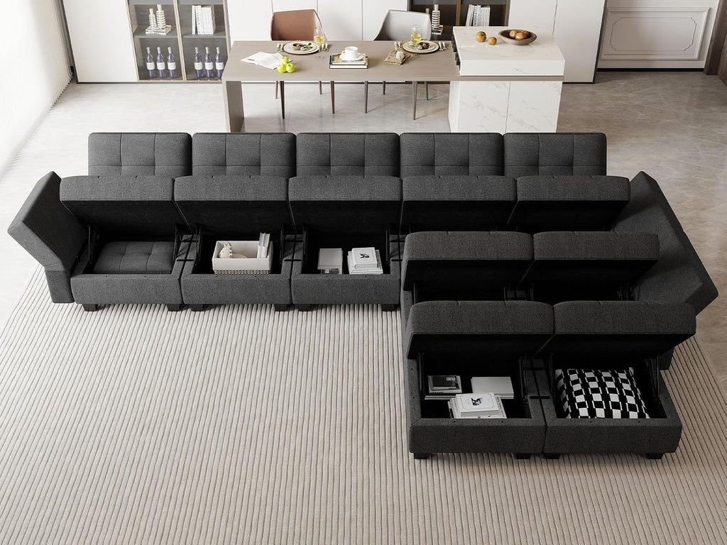 Modular Sectional Sofa with Storage L Shaped Couch with Chaise Sectional Sofa with Ottoman, 9 Seats, Dark Grey
