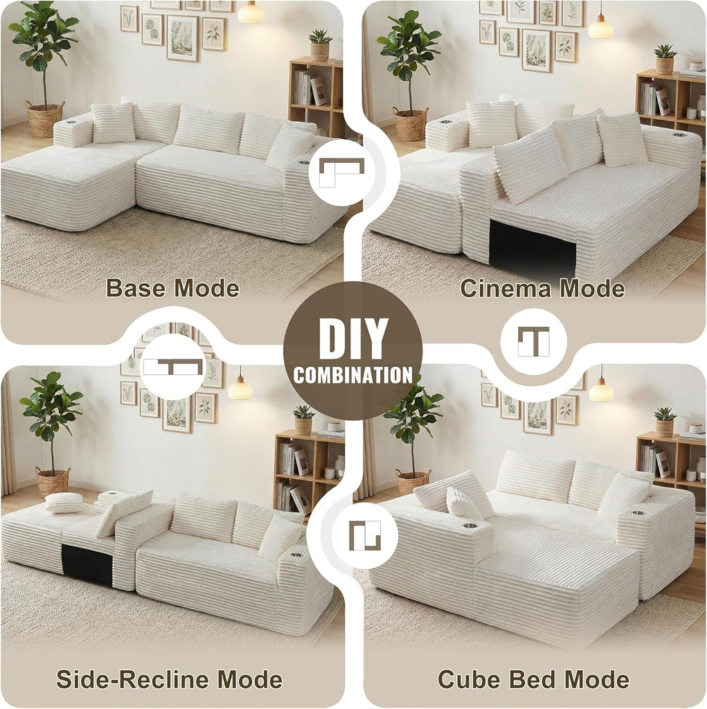 Boneless Couches for Living Room,Modular Sectional Sofa with 2 Cup Holders,Memory Foam Cloud Couch with L Shaped