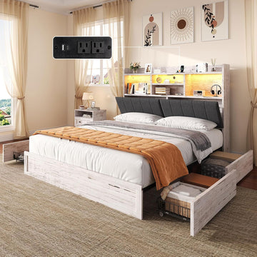 Queen Bed Frame with 51.2" Tall Bookcase Headboard, Farmhouse Platform Bed with 4 Storage Drawers, Linen Upholstered