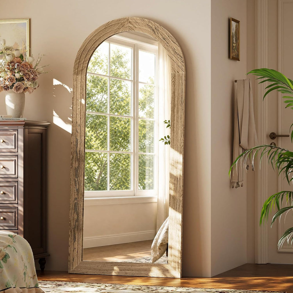 Full Length Mirror 71" x 30", Arched Large Floor Mirror with Solid Wood Frame, Freestanding & Wall Mounted