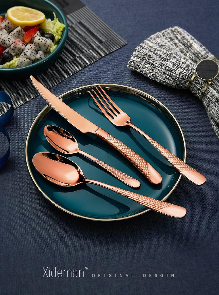 16-Piece ​Modern Copper Hammered Silverware Set with Ultra Sharp 2-IN-1 Serrated Knife