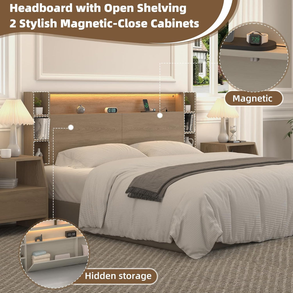 King Wall Mount Solid Wood Leg Headboard with Storage | Headboard Only,USB Charging,Rgb Light,Modern