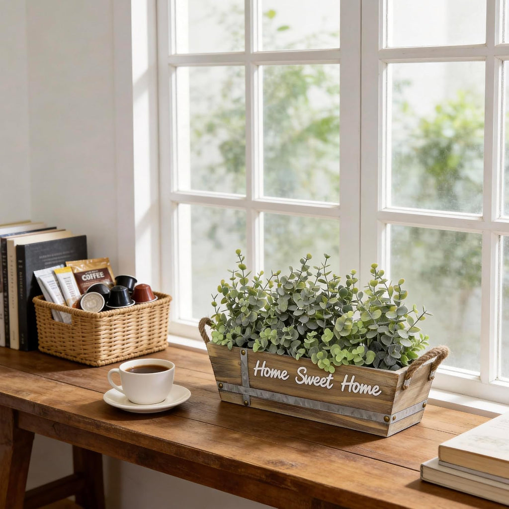 Artificial Eucalyptus Table Centerpiece in Wooden Box, Faux Greenery Arrangement with "Home Sweet Home" Sign, Jute