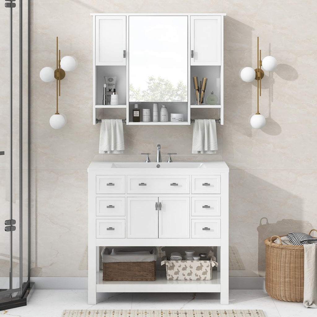 35" Bathroom Medicine Cabinet with Mirror & 2 Towel Bars, White