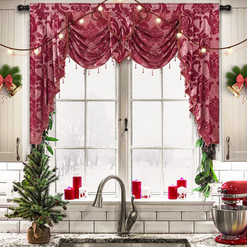 Red Valance for Windows-Christmas Decoration Swag Curtains, Damask Waterfall Valance Curtains with Beads, 61-Inch