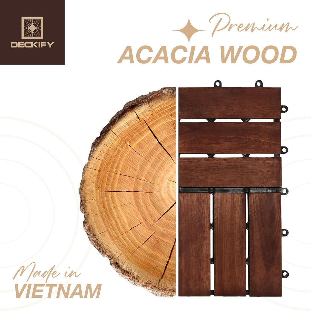 9Pcs Acacia Wood Interlocking Patio Deck Tiles, 12 x 12 x 0.9 Inch Outdoor Flooring, Waterproof for All-Weather Use
