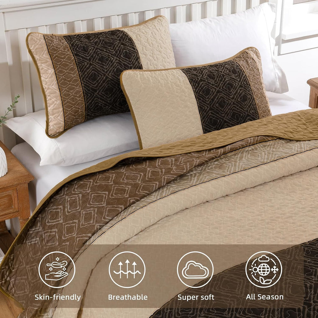 Light Brown King Quilt Set,3 Pcs Boho Striped Plaid Bedspread - Set of 3