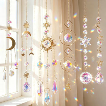 6 Pack Crystal Suncatchers for Window, Rainbow Prism Hanging Decor - Sun Catchers Indoor Hanging Decor with Sun Moon