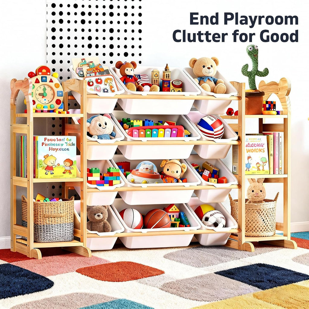 Toy Storage Organizer with 6 Shelves and 12 Bins, Toy Organizers and Storage Shelf with Bookshelf and Bookcase, Toys