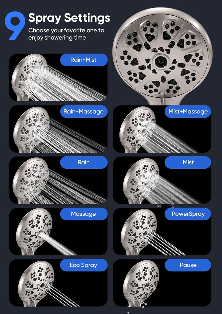 Shower Head with Handheld High Pressure, Rain Shower Head with Fixed Showerhead and 9 Sprays Handheld Shower
