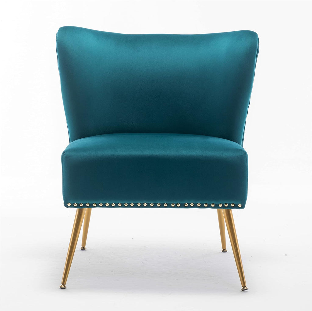 Thia Armless Velvet Accent Chair , Elegant Seat with Nailhead Trim, Gold Metal Legs and Comfortable Curved Back, 28"