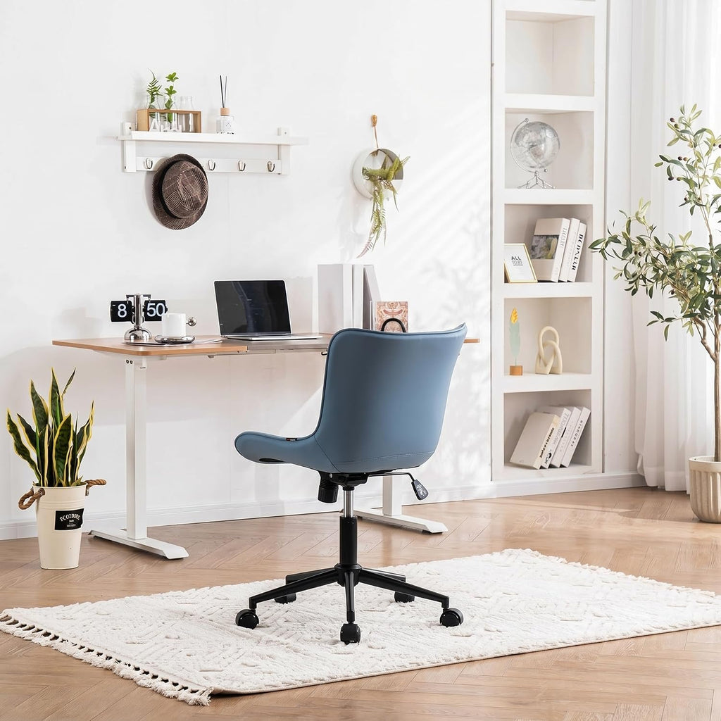 Blue Office Desk Chair with Wheels Comfy Armless Vanity Chair with Back Modern Small Faux Leather Upholstered Rolling