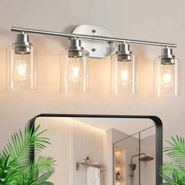 4-Light Bathroom Light Fixtures, Modern Vanity Lights with Clear Glass Shade, Brushed Nickel Wall Lamp Mirror Hallway