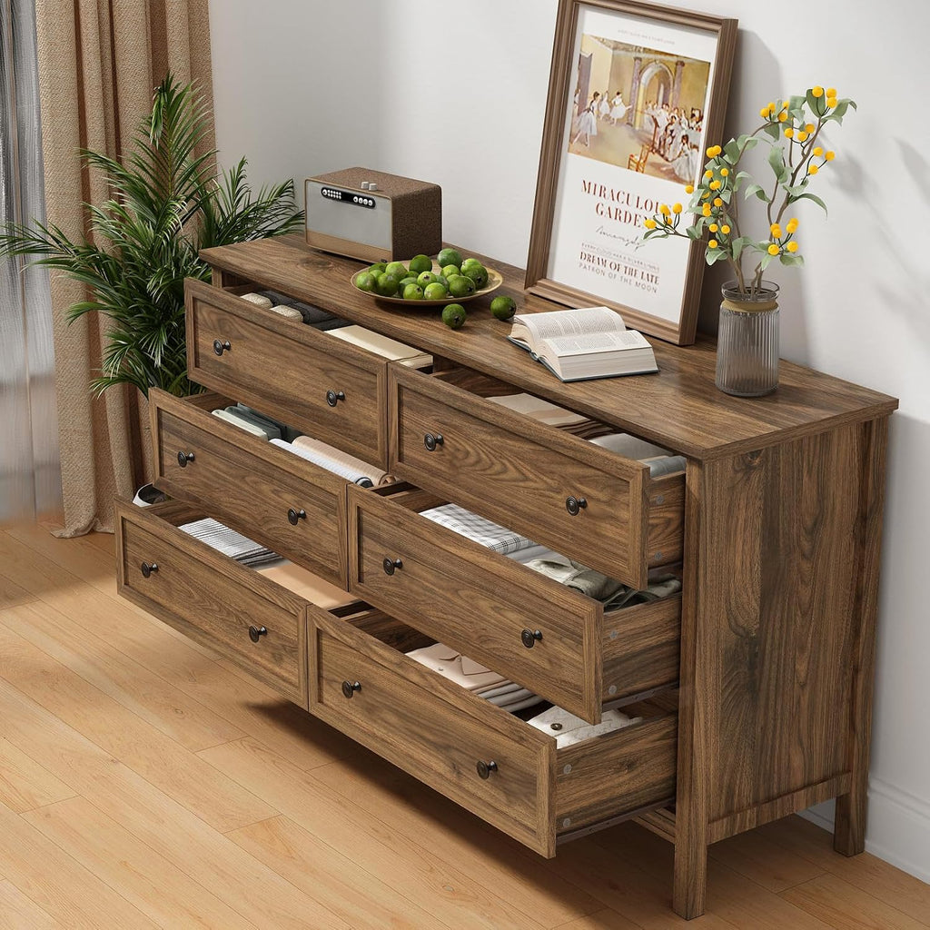 55" Walnut Dresser , 6 Drawer Dresser with Wide Drawer and Metal Handles, Wood Dressers & Chests of Drawers .