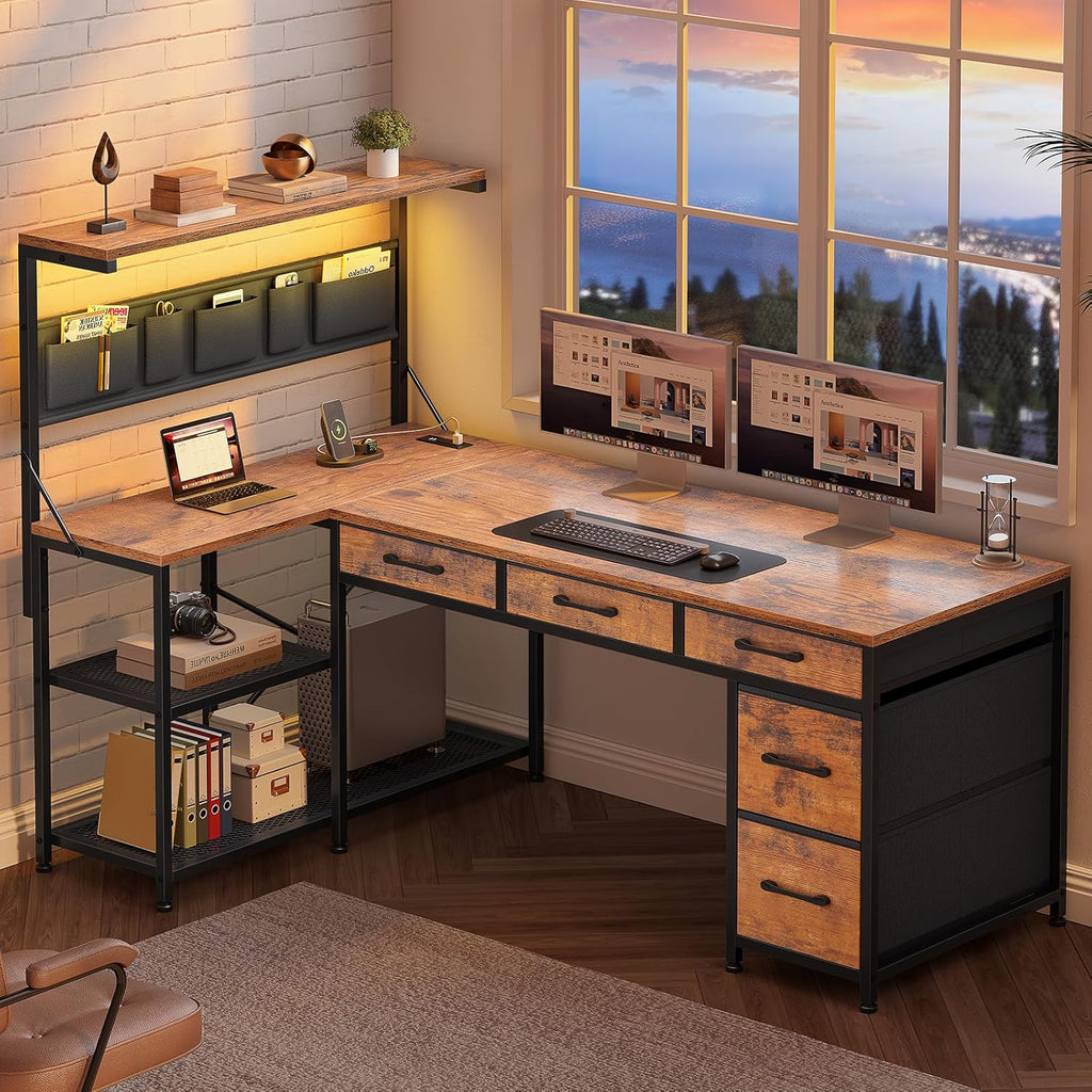 L Shaped Desk with 5 Drawers and Storage Shelves, Reversible Computer Desk with Bookshelf