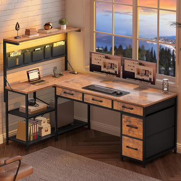 L Shaped Desk with 5 Drawers and Storage Shelves, Reversible Computer Desk with Bookshelf
