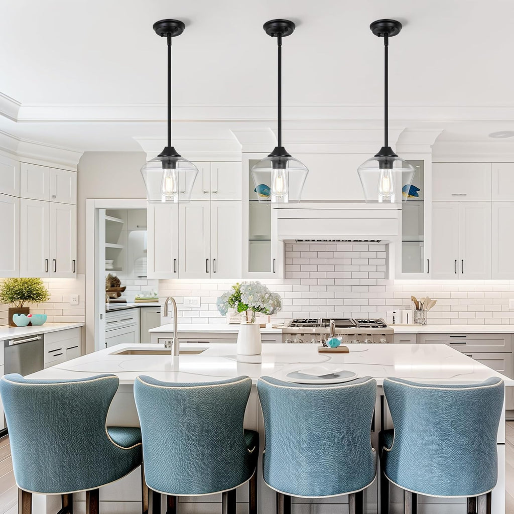 1-Pendant Lights Kitchen Island, Hand Blown Glass Pendant Light Fixtures, Metal Light Fixtures Rod Ceiling Ceiling