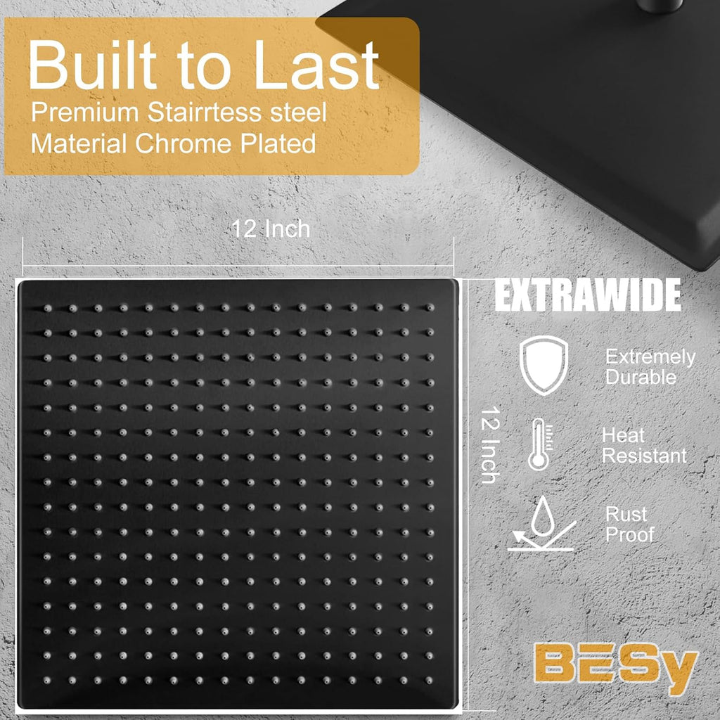 12 Inch Rain Shower Head, 12" Square Rainfall & High Pressure Stainless Steel Bath Showerhead, 1/16" Ultra Thin