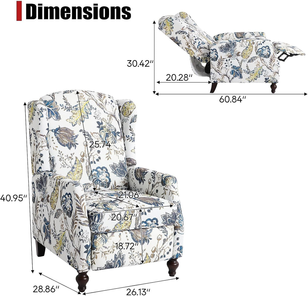 Upholstered Wingback Recliner Chair - Traditional Push Back Recliner Chair with Padded Seat, Fabric Floral Recliner