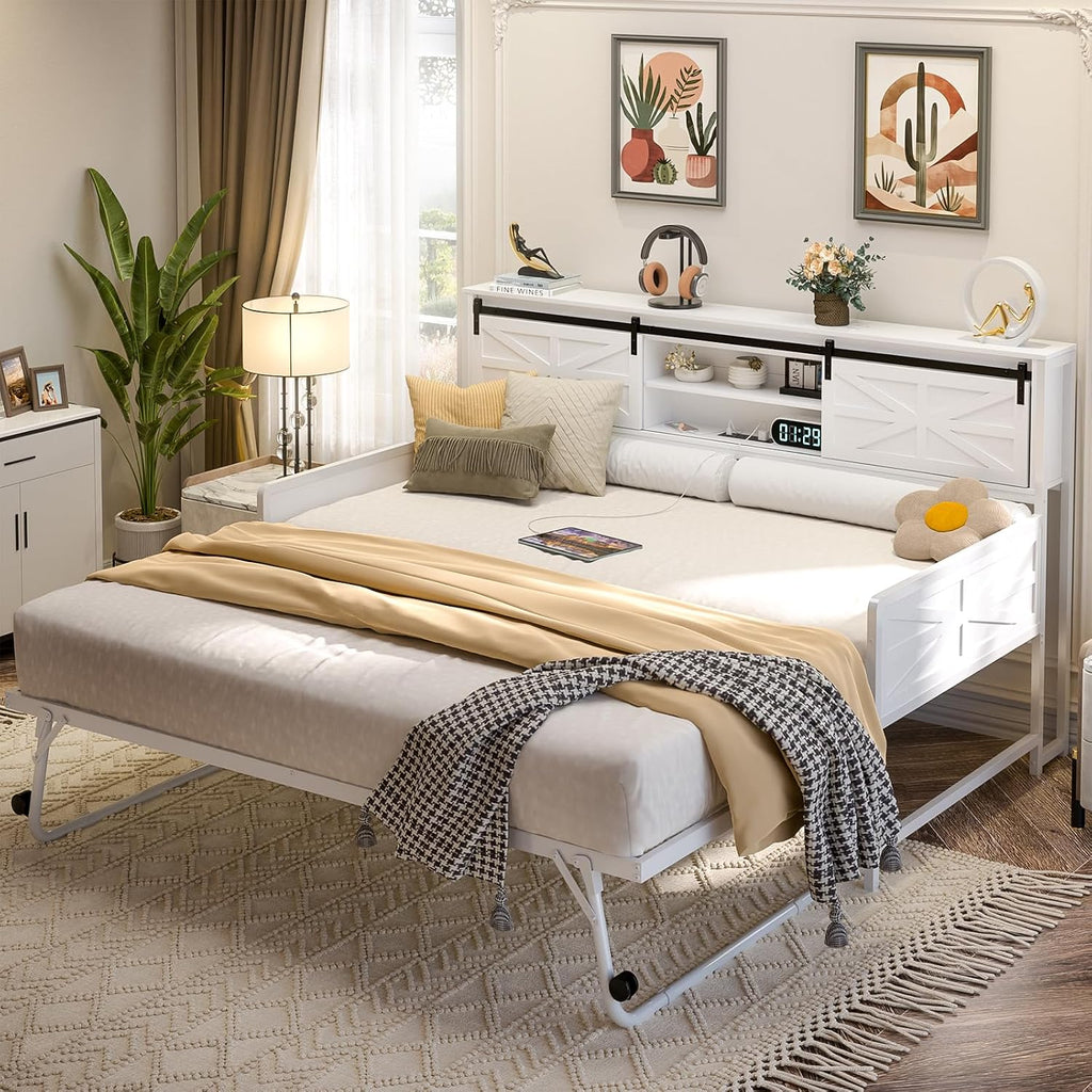 Farmhouse Twin Daybed with Pop-Up Trundle, White | Metal Trundle Bed Frame with Bookcase Headboard, Twin to King