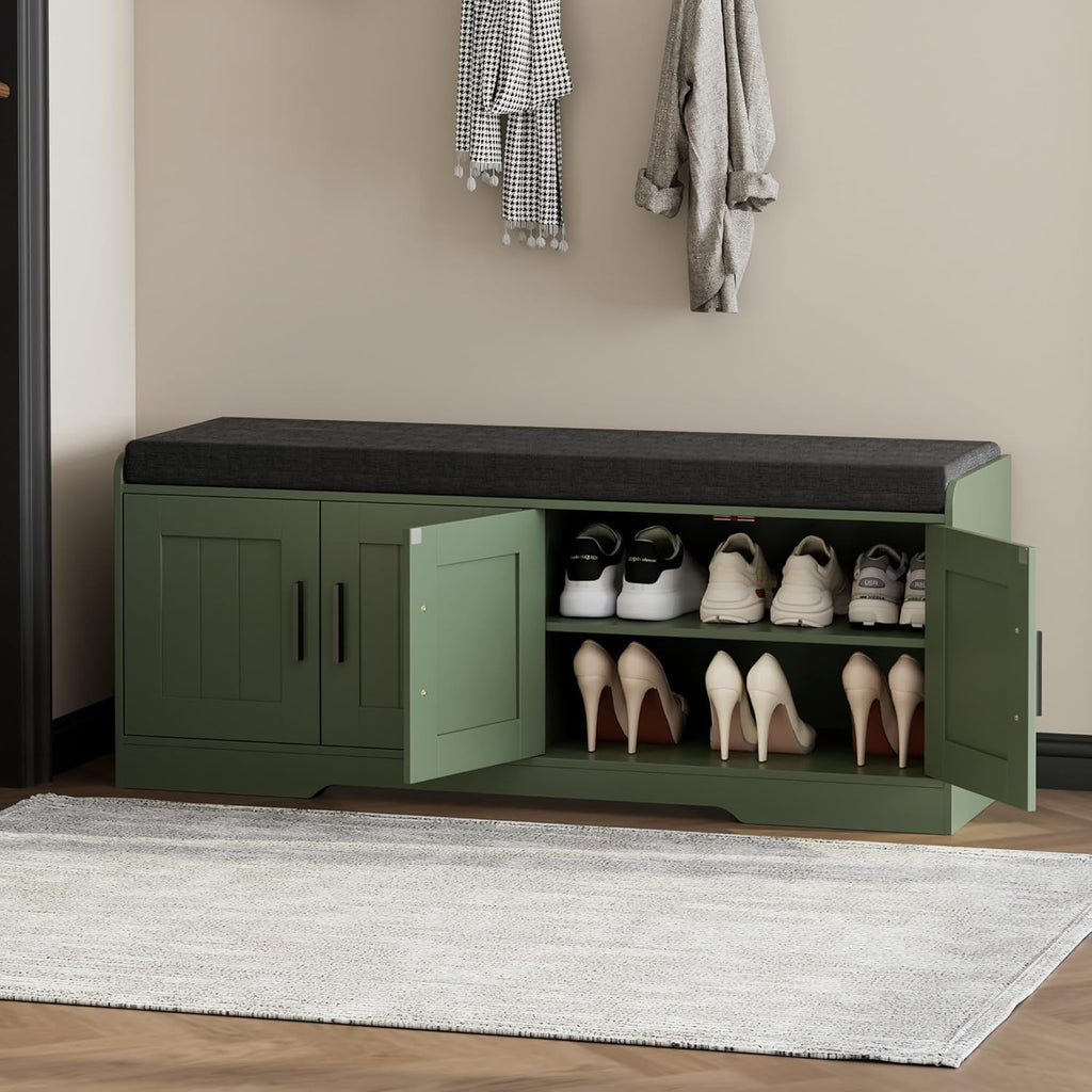 2-Tier Storage Bench, Shoe Bench with Thickened Padded Seat Cushion, Entryway Bench with 4 Doors, Adjustable Shelf
