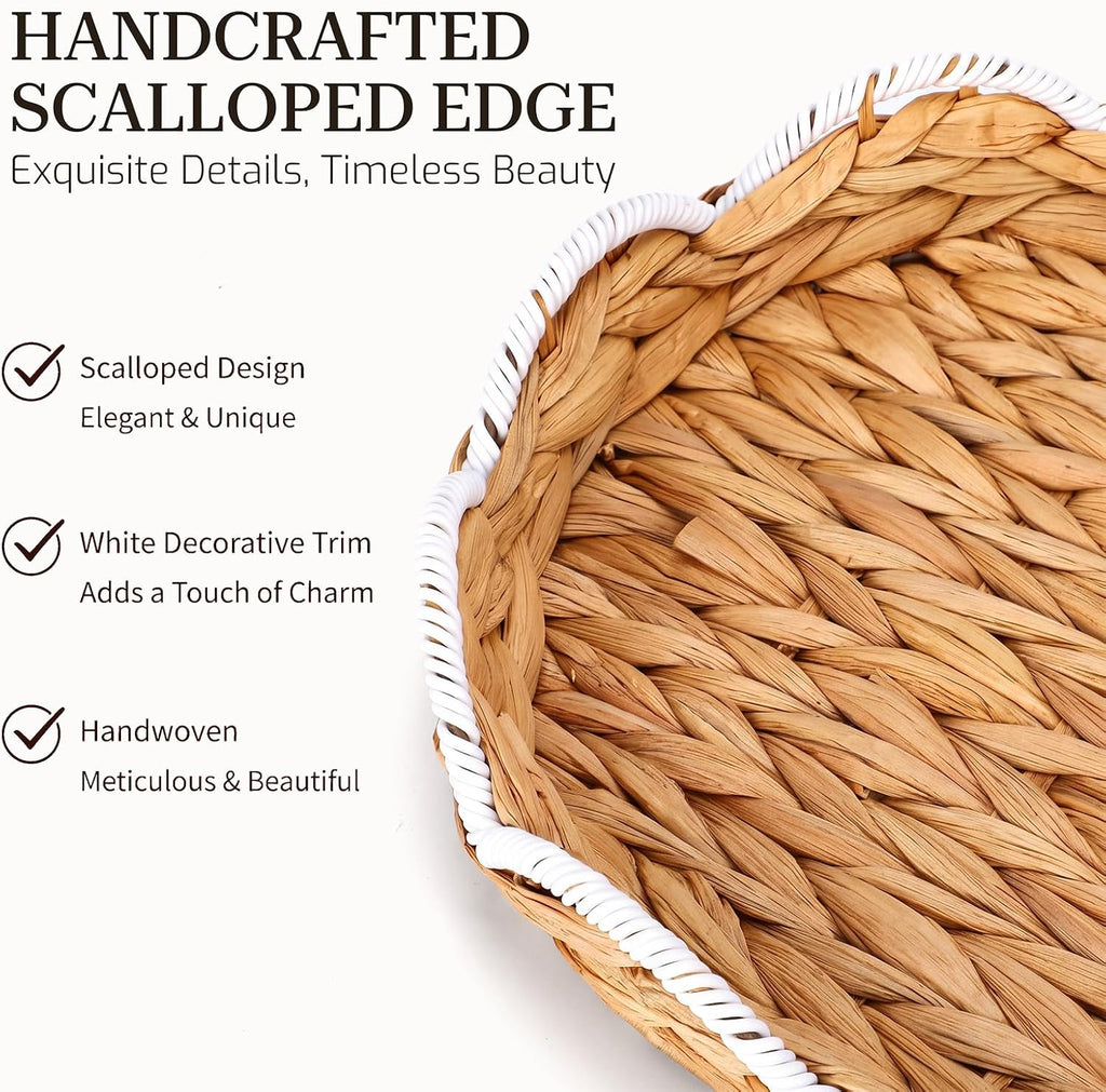 Set of 2 Wicker Storage Baskets with Lid Rattan Basket Decorative Boxes with White Scalloped, Handwoven Storage Box