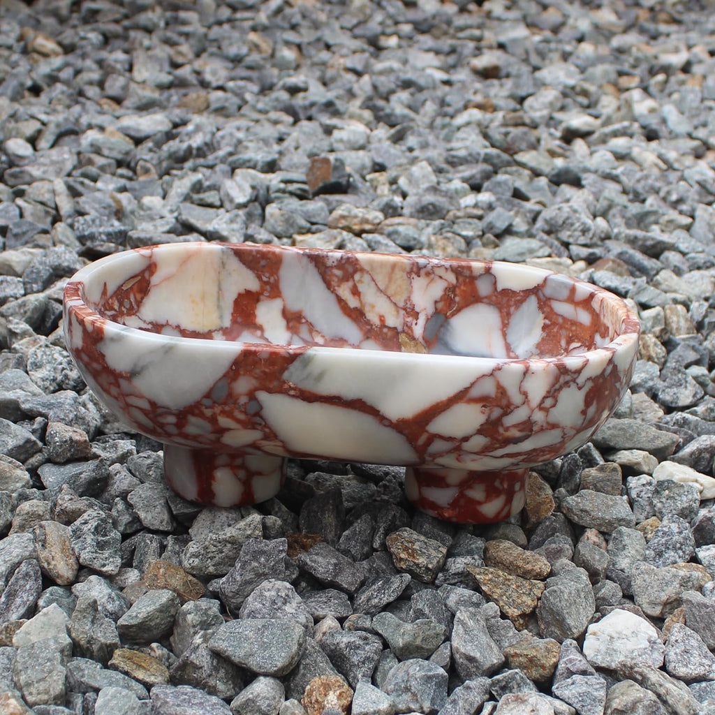 Natural Oval Calacatta Red Marble Fruit Bowl Counter 10", Large Decorative Bowl Two-Legs Decor, Fruits Holder For