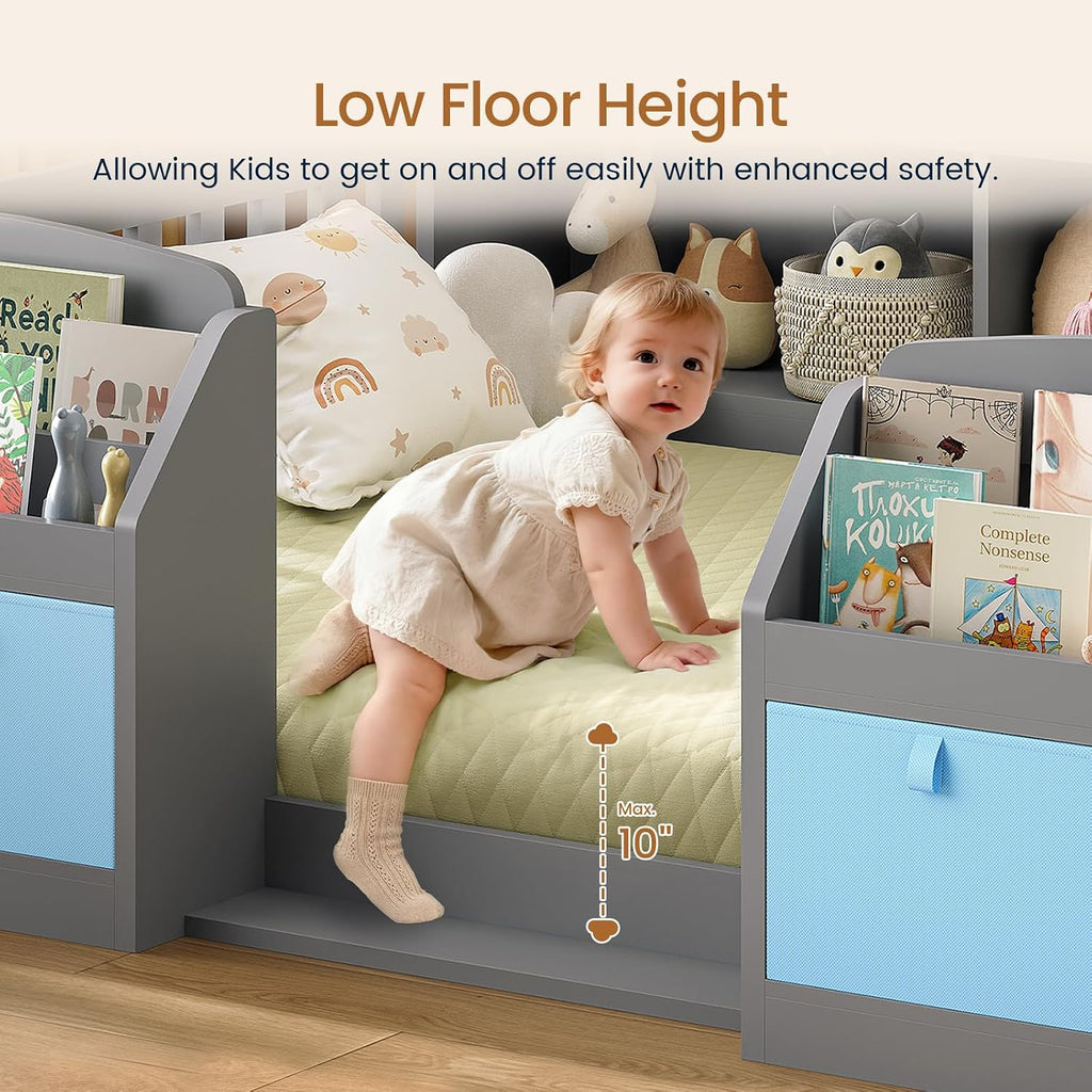 Full Size Floor Wooden Montessori Bed Frame for Kids,Grey | 4 Fabric Drawers, Both Sides Bookshelves, 2-Tier Side