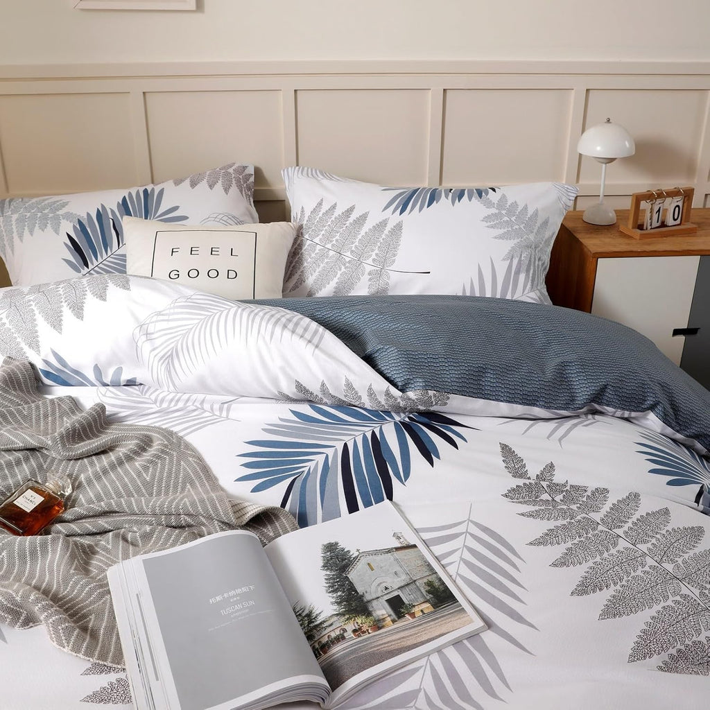 Duvet Cover Set,100% Cotton Comforter Cover with Leaf Pattern Duvet Cover Set,Soft Bedding Set Includes with 3 Piece
