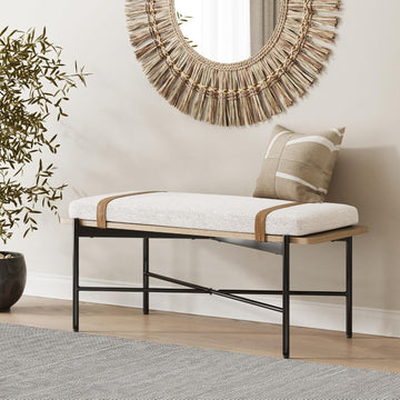 Thatcher Upholstered Entryway Bench with Removable Boucle Cushion, Vegan Leather Straps, and Matte Black Metal Legs
