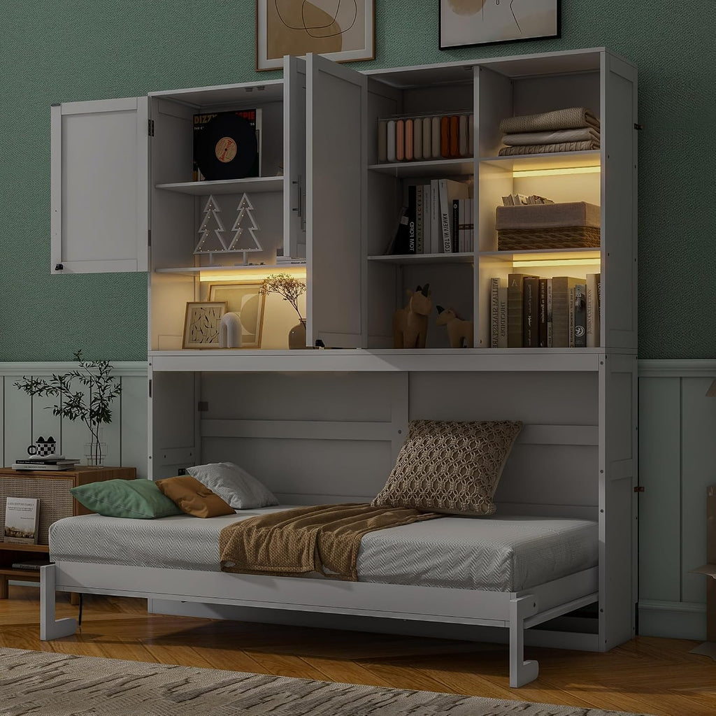 Twin Wall Murphy Bed with Top Cabinet, Shelves,Space Saving Foldable Bed with Light & USB,Sleeping Arrangement for