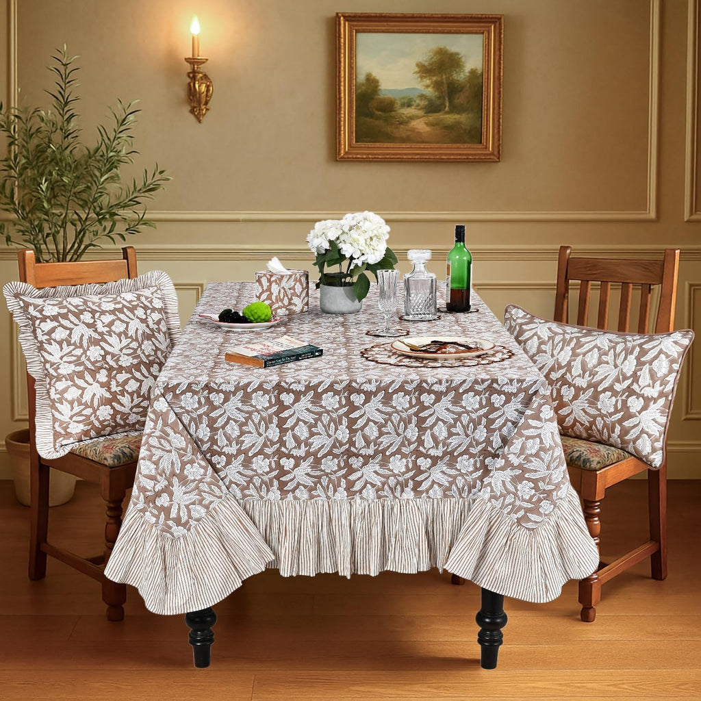 Oak Brown Ruffle Block Print Tablecloth 100% Cotton 60x120 Rectangle Floral Table Cover, Elegant, Vi