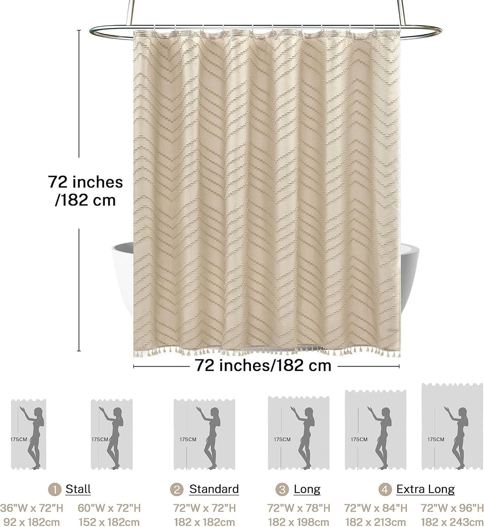 Boho Farmhouse Shower Curtain Woven Fabric Cute Beige Shower Curtain, 72 x 72 Tufted Chevron Textured Striped Modern