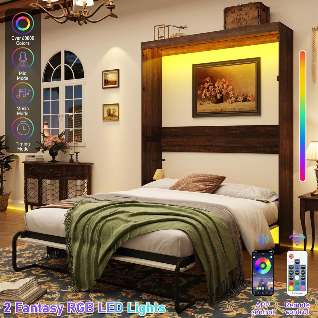Full Murphy Bed with 2 LED Lights, Farmhouse Wood Hidden Foldable Wall Bed Frame w/Gas Struts, Storage Bed Cabinet