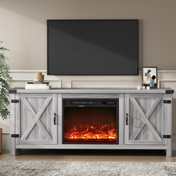 Fireplace TV Stand with Two Barn Doors and Storage Cabinets for Televisions up to 65+ Inch, Entertainment Center