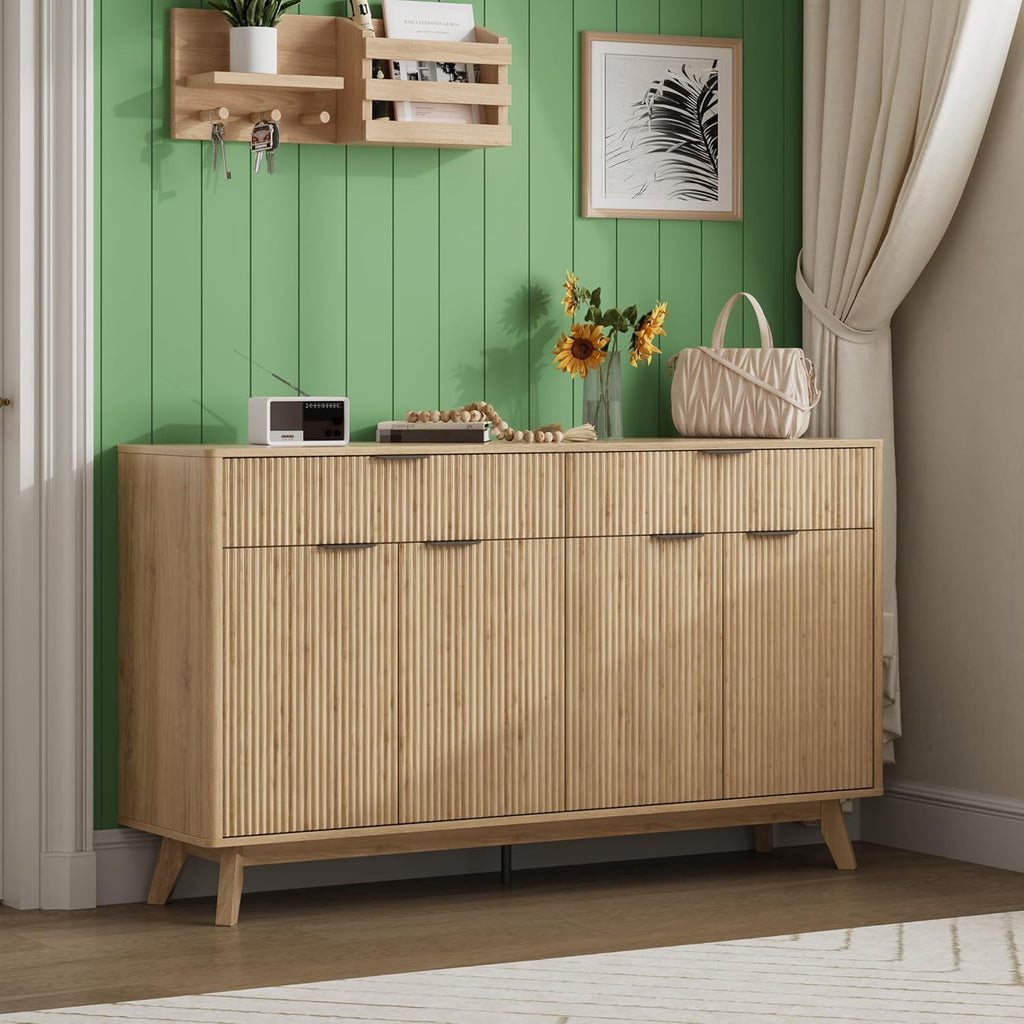 Buffet Sideboard, 60'' Sideboard Cabinet with 2 Drawers and 4 Wave Doors, Sideboard with Adjustable Shelves, Light Oak