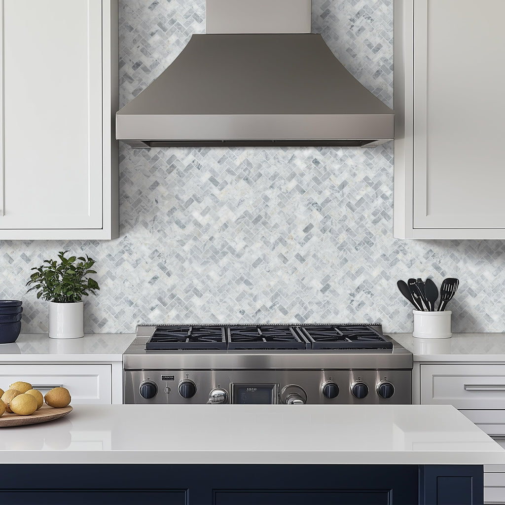 Mesh Mounted Marble Floor & Wall Tile| Capri Blue | 1" x 2"