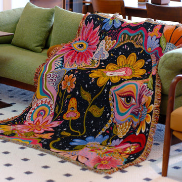 Hippie Flower Boho Throw Blanket for Couch Bed Chair Lounge Hippie Room Decor Reversible Cotton Woven Whimsical Throw