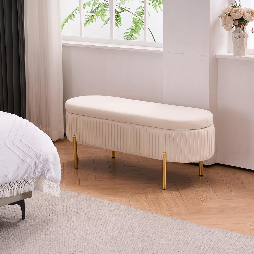 45.5" Ivory White Storage Bench with Gold Legs , Velvet | Upholstered, /Living Room/Window/Entryway, End of Bed