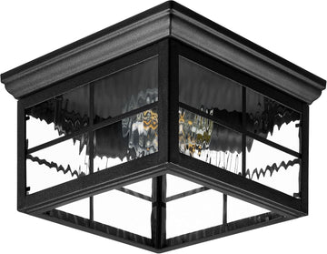 Outdoor Flush Mount Ceiling Light Fixture, Black with Water Glass | Square Farmhouse Porch or Patio Light