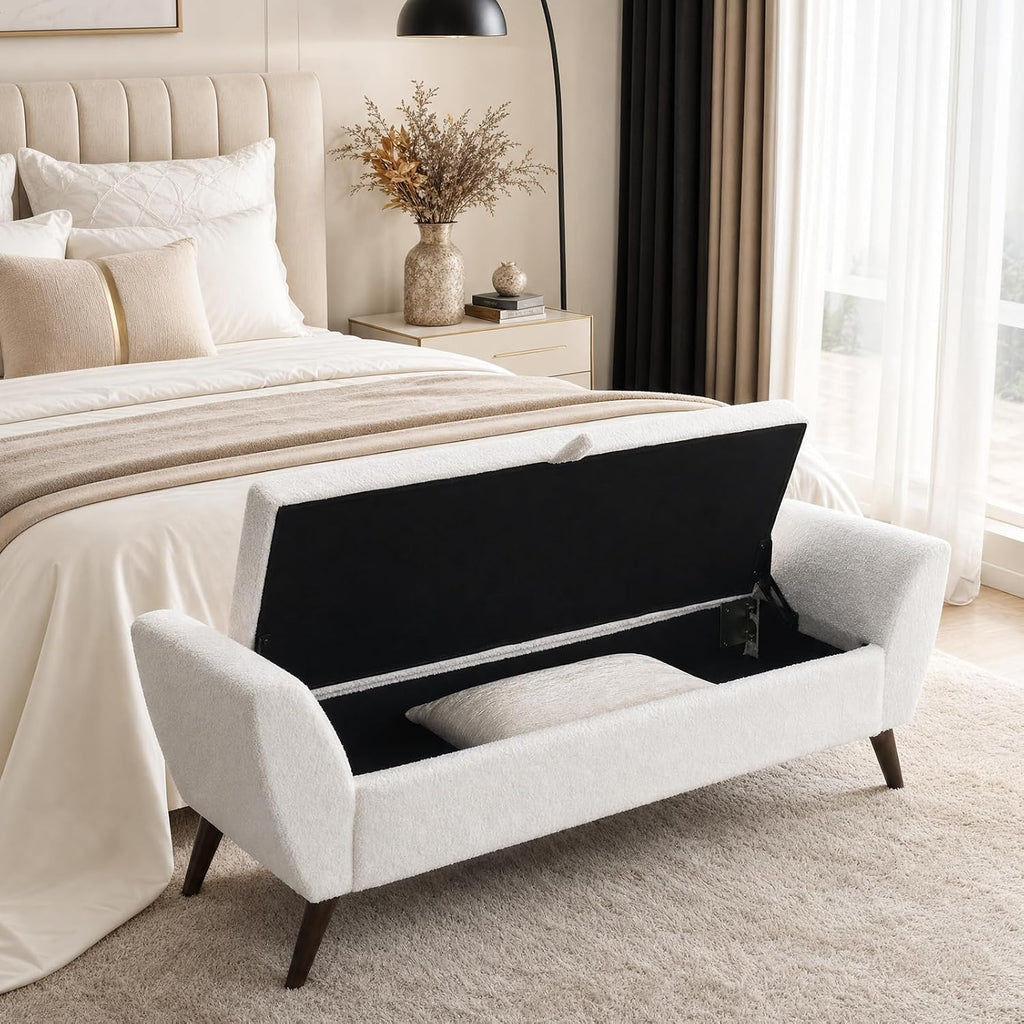 60" Storage Ottoman Bench, Teddy Fabric End of Bed Bench King Size with Solid Wood Legs, Large Hidden Storage (Beige)