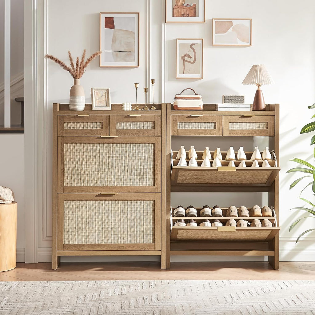 Rattan Shoe Storage Cabinet with 2 Drawers & 2 Flip Drawers - Hidden Slim Shoe Organizer , Large Tabletop Space