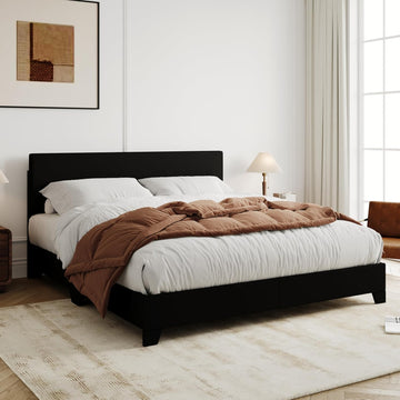 Queen Bed Frame with Adjustable Headboard, Faux Leather Platform Bed with Wood Slats, Heavy Duty Mattress Foundation