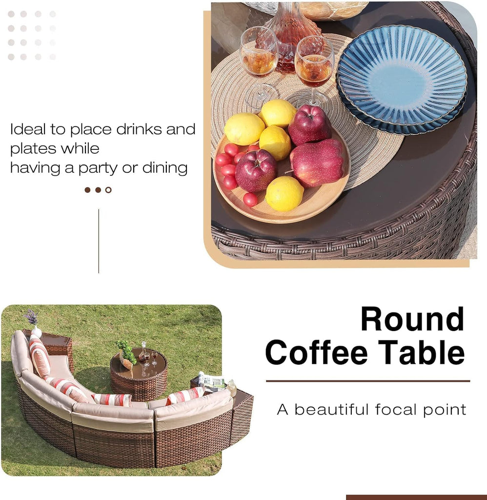 7-Piece Modular Outdoor Curved Sectional Patio Conversation Set | with Round Coffee Table, Side Tables, Waterproof