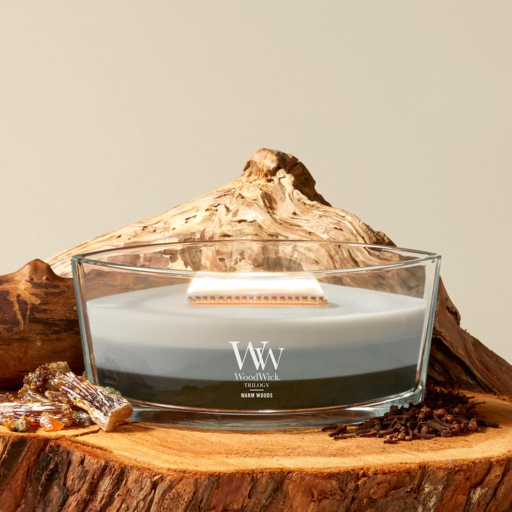 WoodWick Warm Woods Trilogy Holiday Candle Gifts for Women and Men, 16 oz Ellipse Trilogy Candle with Crackling Wick