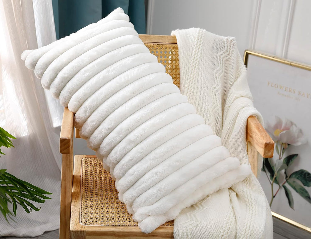 Faux Fur Decorative Lumbar Throw Pillow Covers 14 x 26,Long Boho Lumbar Pillow Covers Pillow Case Cushion Case,White