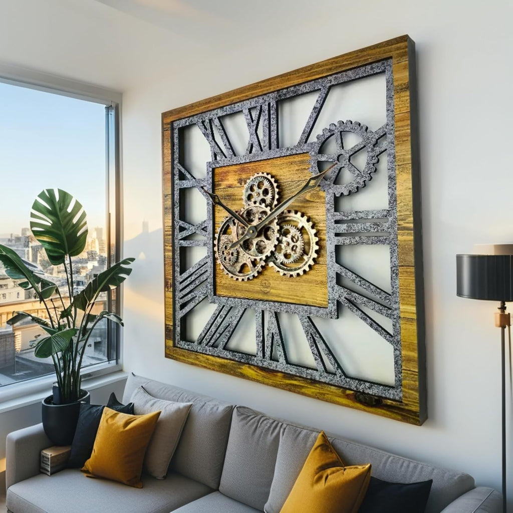 ImprovingLife The Gears Clock 24'' Inch Square Real Moving Gear Wall Clock Vintage Industrial Oversized Rustic Farmhouse (Wood and Stone)