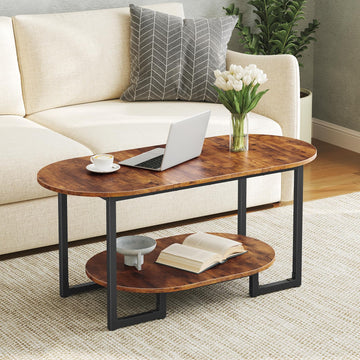 Coffee Table, Oval Small Coffee Table with 2-Tier Open Storage Shelf, Industrial Cocktail Tea Table, Wooden Desktop